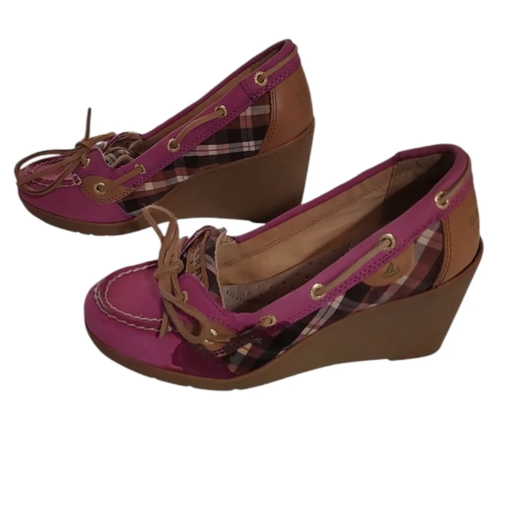 Sperry Top-Sider  Goldfish Wedge Heel Pink Plaid 9518747 Women Sz 6M